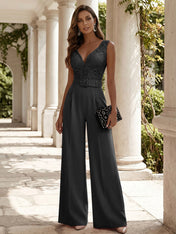 Women Pink Lace Deep V Neck Sleeveless Dressy Jumpsuit
