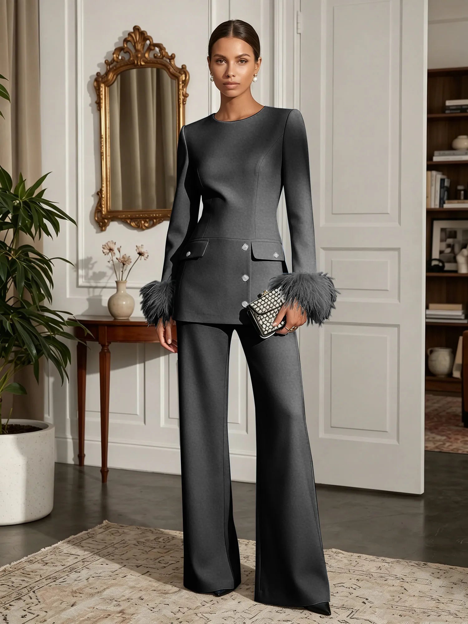 Women's White Two-Piece Set: Buckle Detail Feather-Trimmed Top & Straight-Leg Pants