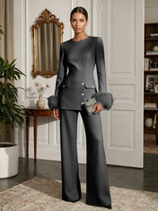 Women's White Two-Piece Set: Buckle Detail Feather-Trimmed Top & Straight-Leg Pants