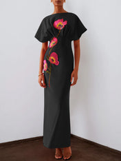 Red 3D Floral Appliqué Boat Neck Short Sleeve Backless Sheath Maxi Dress
