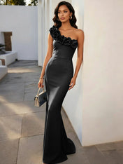 Navy Blue 3D Floral Classic One Shoulder Sleeveless Mermaid Gown Dress