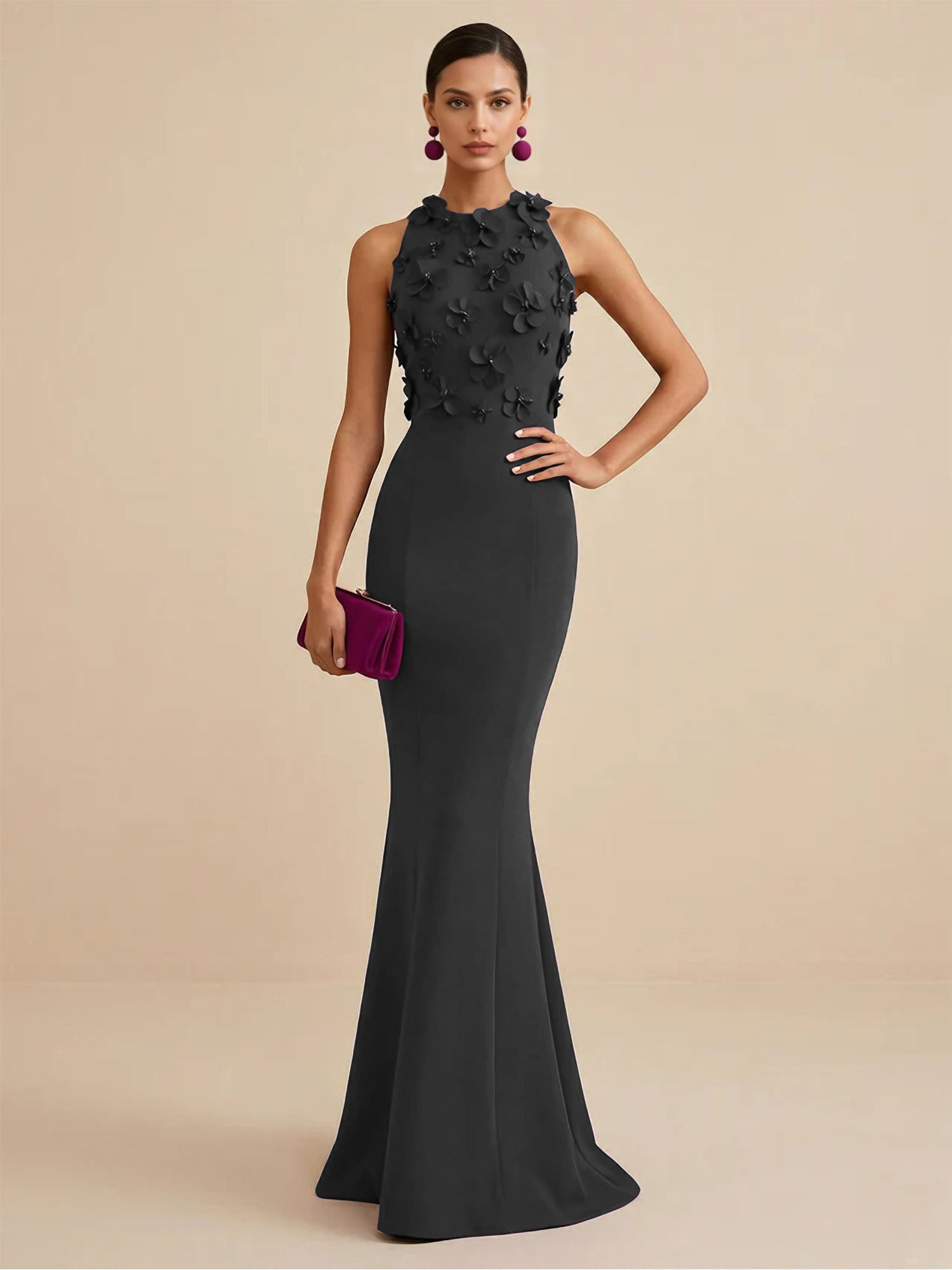 Deep Fuchsia Sleeveless High Neck 3D Floral Mermaid Formal Gown Evening Dress