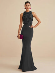 Deep Fuchsia Sleeveless High Neck 3D Floral Mermaid Formal Gown Evening Dress