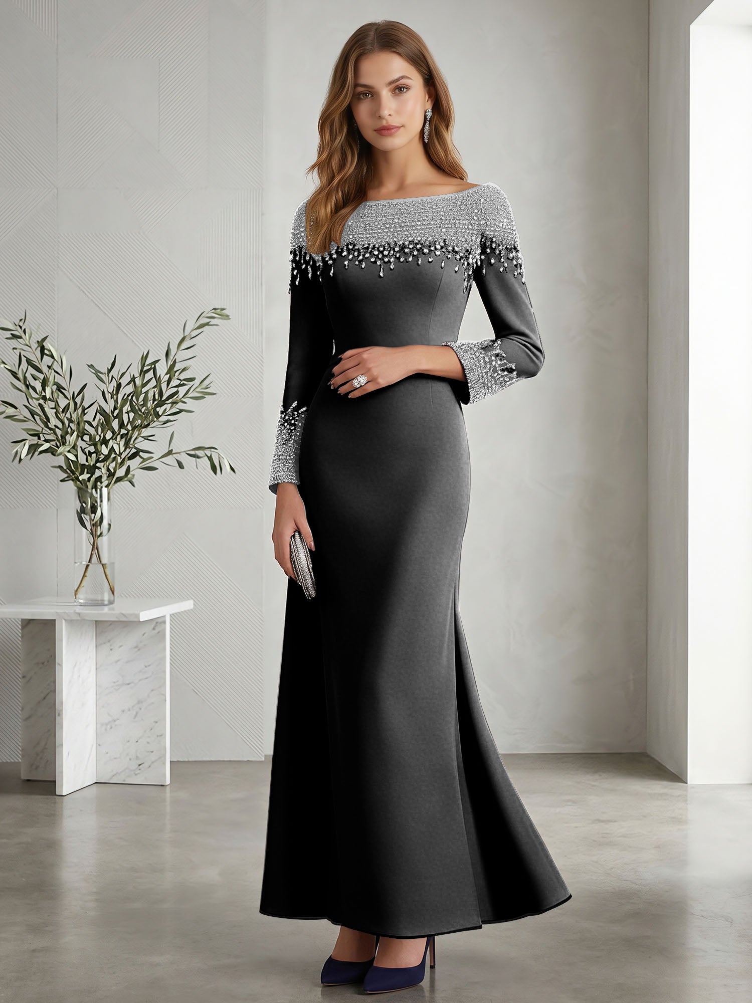 Formal Evening Dress Midnight Navy Velvet Long Sleeves Maxi Dress with Crystal