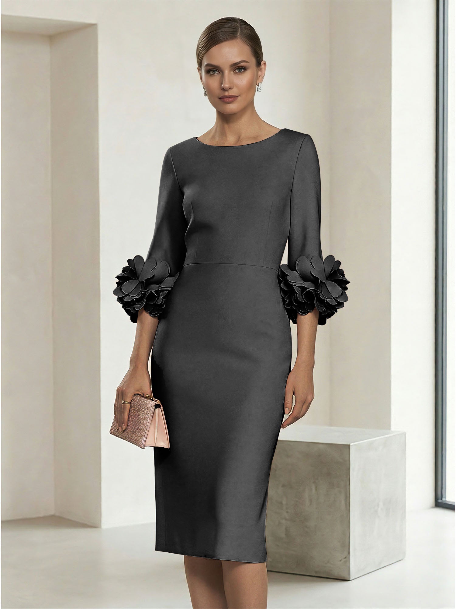 4 Sleeve Boat Neck Sheath Midi Dress with 3D Floral Cuffs