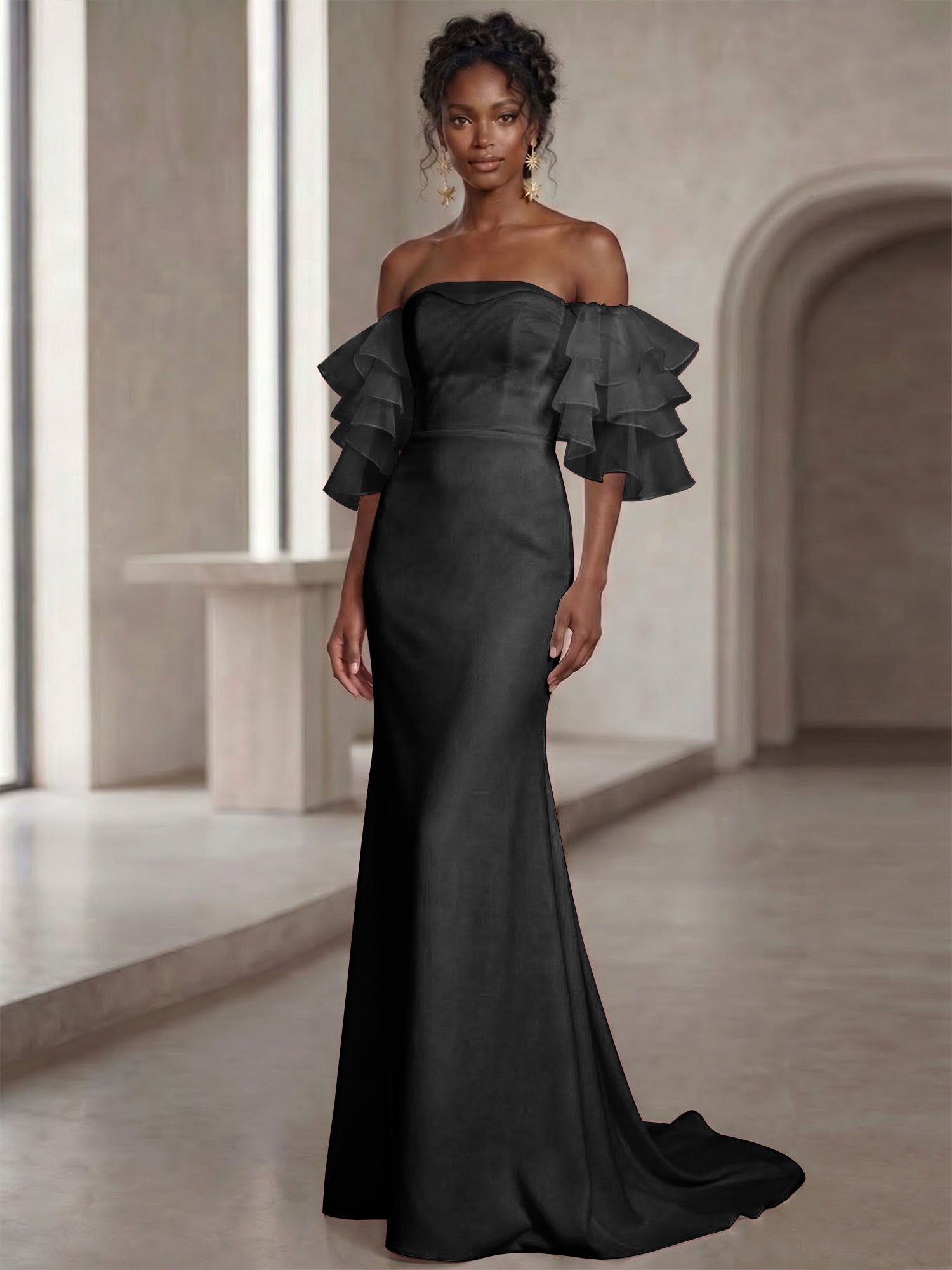 White Mermaid Off the Shoulder Ruffled Long Wedding Reception Dress