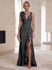 Ice Blue Bow-Accent Ruffle Slit Gown Formal Evening Dress