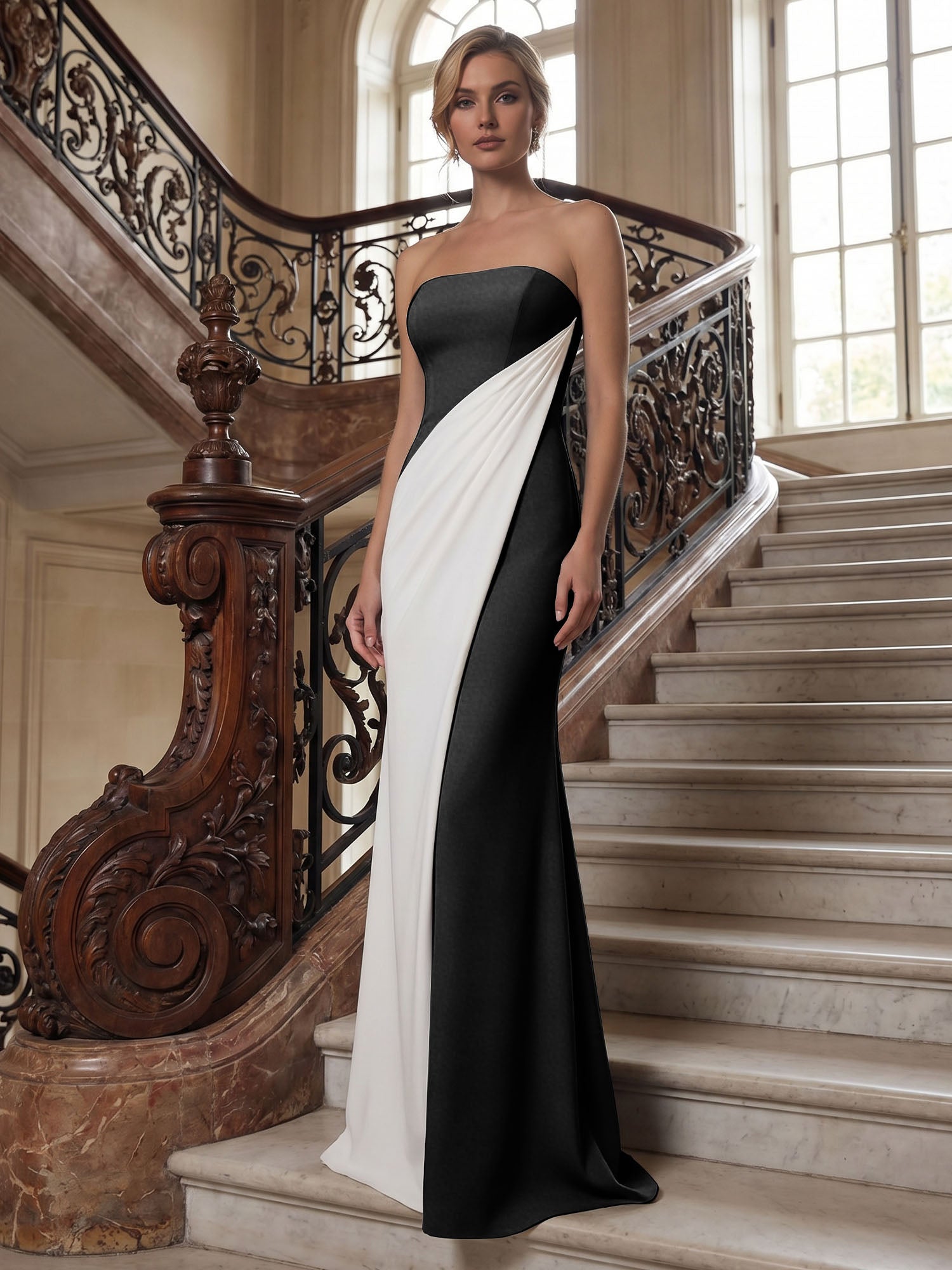 Black White Sheath Strapless Elegant Maxi Formal Dress
