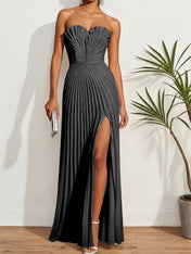 Pleated Classic Strapless Sleeveless A-Line Maxi Dress