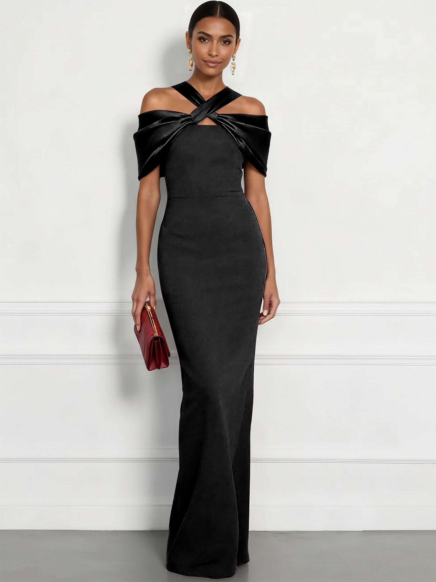 Regal Plum Crepe Column Gown with Satin Criss-Cross Halter Maxi Dress