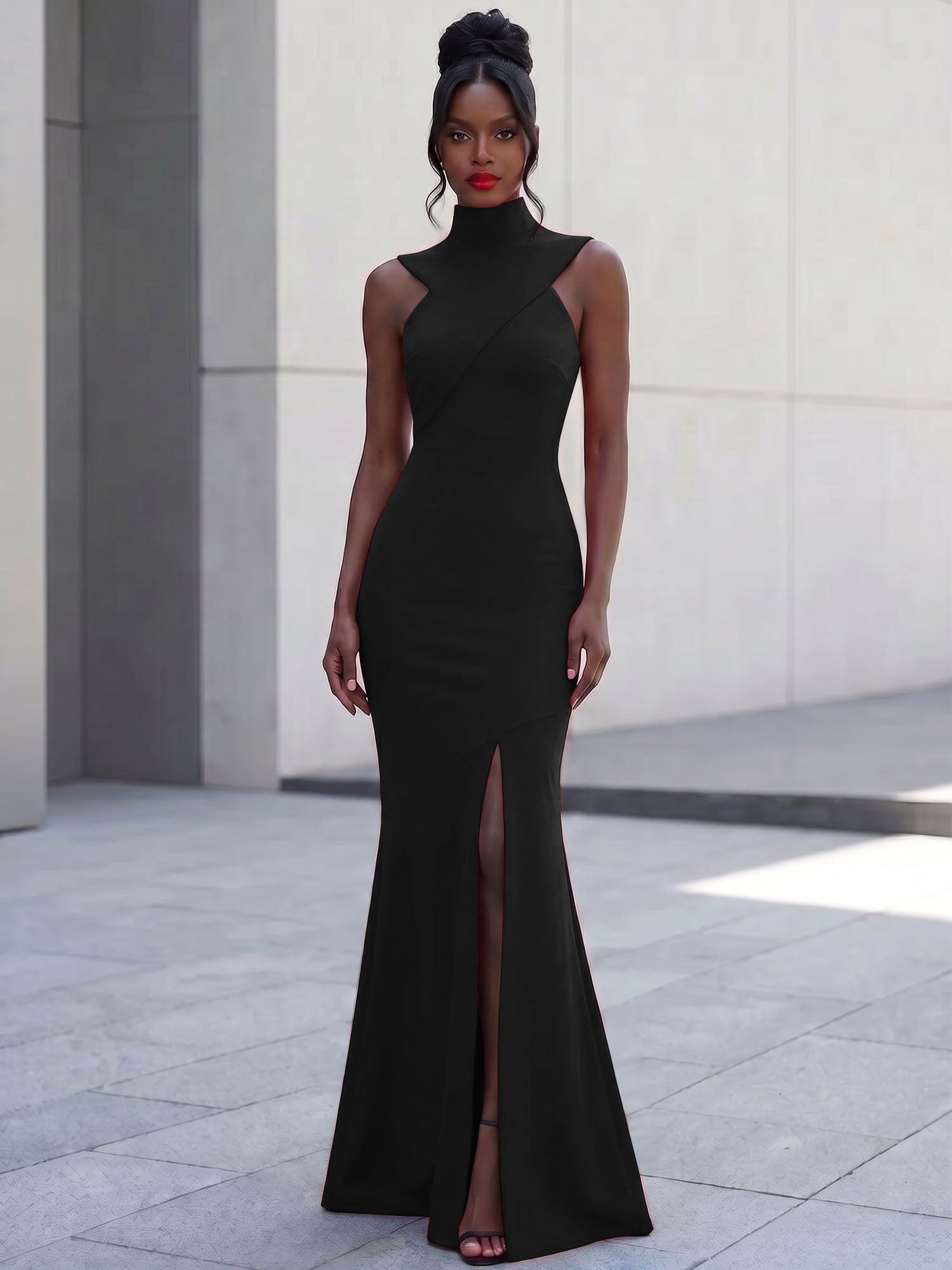 High-Neck Cross-Bodice Sleeveless Maxi Dress