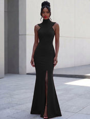 High-Neck Cross-Bodice Sleeveless Maxi Dress