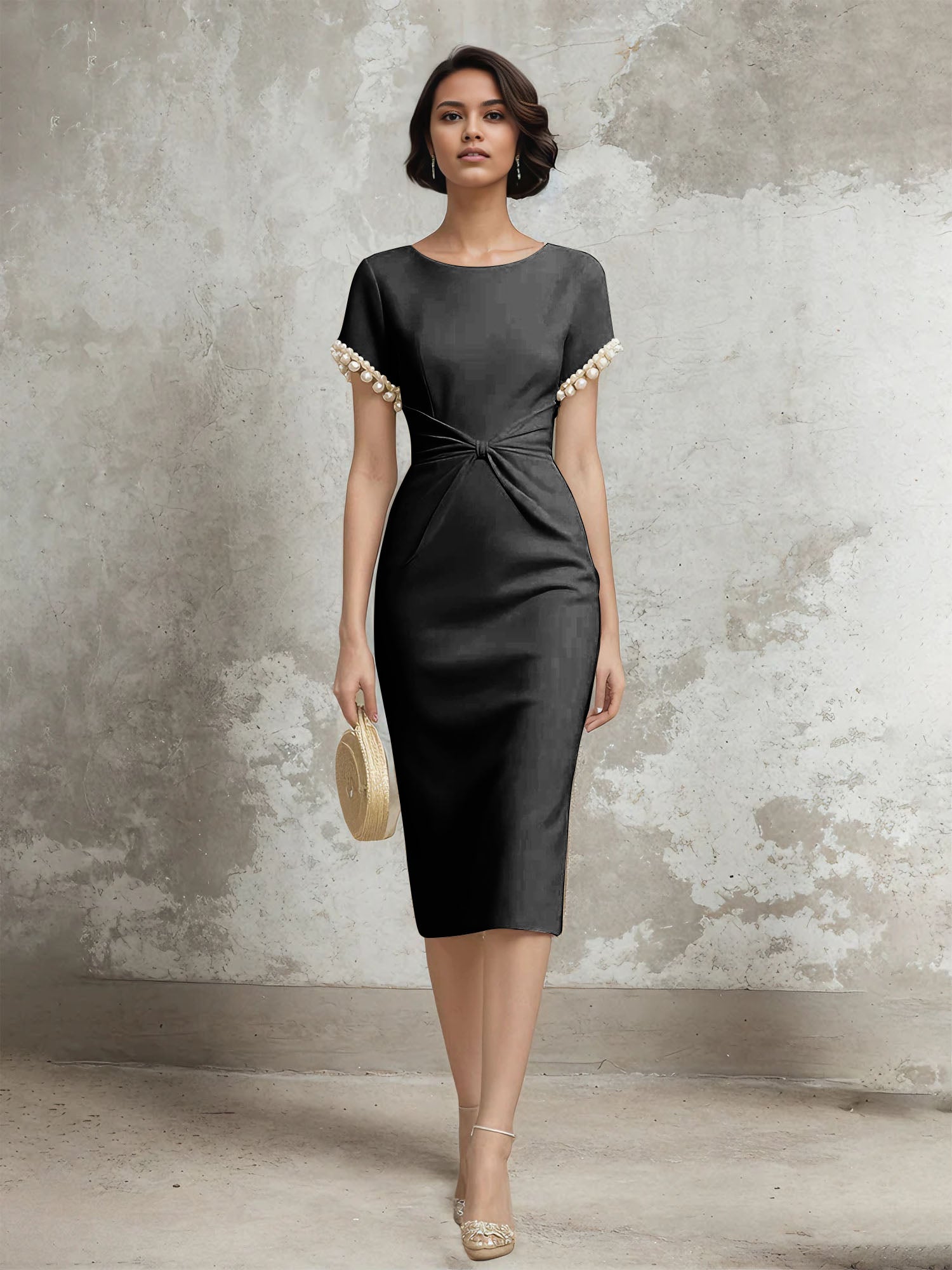 Column Short Sleeve Tea Length Dress With Pearls