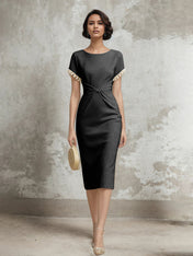 White Stretch Crepe Sheath/Column Short Sleeve Tea Length Dress With Pearls