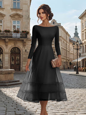 Timeless Evening Foraml Gown Blush Pink Long-Sleeve Layered Organza Midi Dress