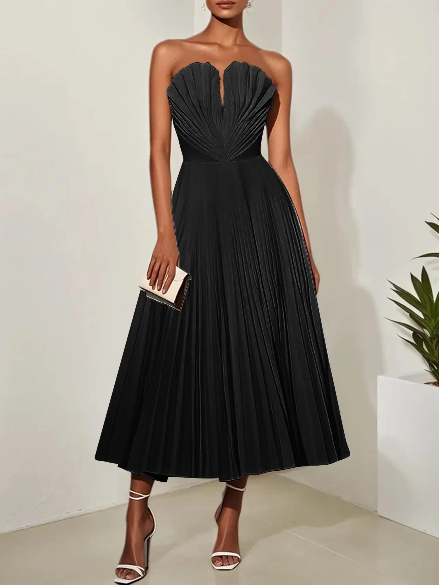White Pleated Classic Strapless Sleeveless A-Line Midi Dress