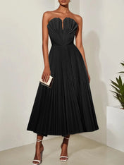 White Pleated Classic Strapless Sleeveless A-Line Midi Dress