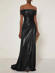 Evening Formal Dress Off the Shoulder Silver Silk Ruffles Strapless Maxi Dress