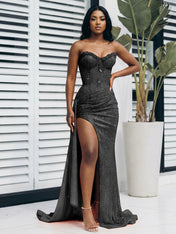 Glitter Orange Strapless Mermaid Sequined Long Prom Dress with Slit