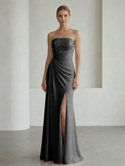 Glamorous Formal Evening Dress Soft Blush Beaded Strapless Slit Gown