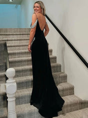 Black Mermaid Cold Shoulder V-Neck Beads Long Prom Dress with Slit