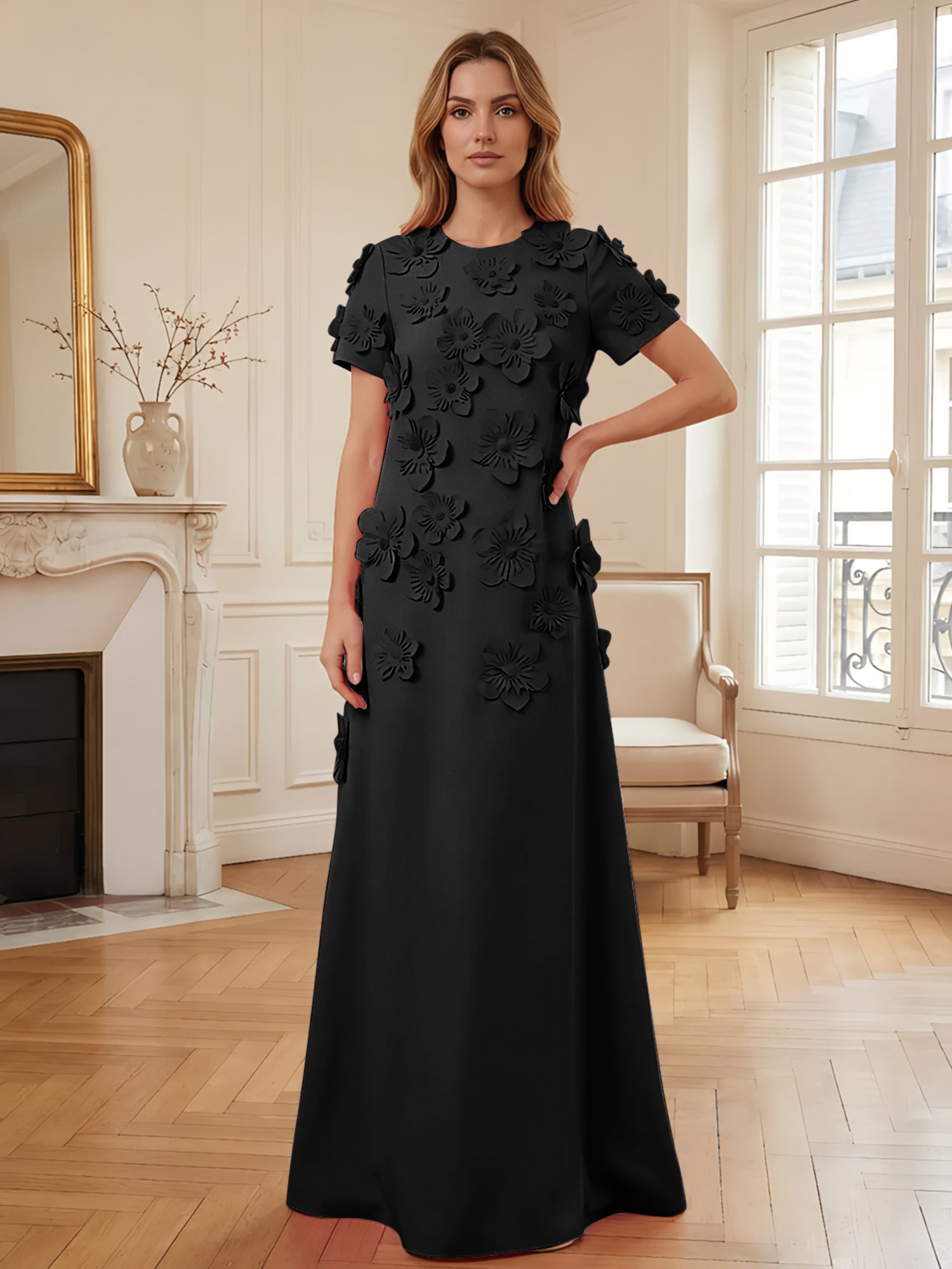 Short Sleeve Crew Neck A-Line Gown with 3D Floral Appliques Evening Dresses