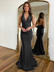 Light Blue Mermaid Halter Backless Long Prom Dress
