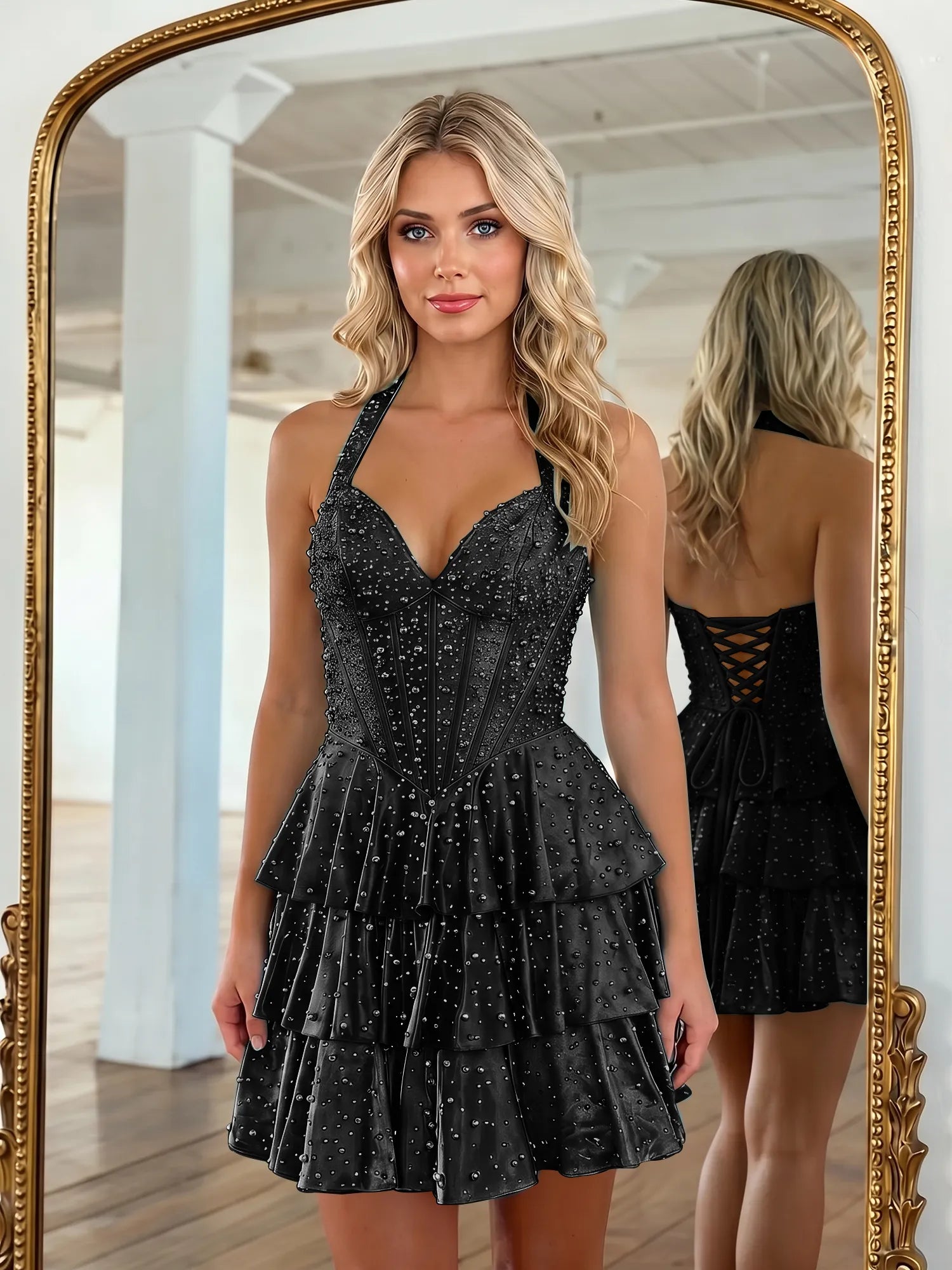 Halter Neck Pearl Beaded Tiered Short Homecoming Dresses