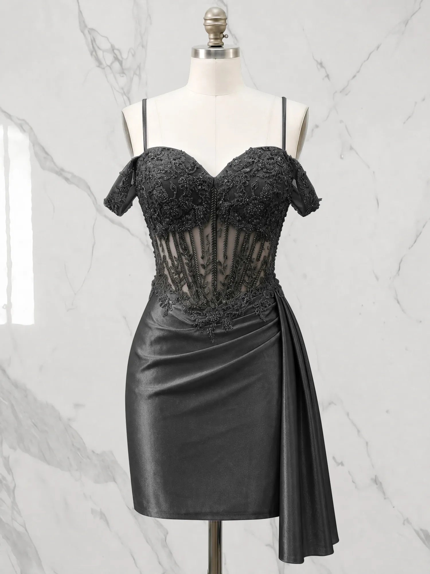 Sweetheart Sheer Corset Mini Dress with Cascading Side Drape Homecoming Dresses