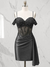 Sweetheart Sheer Corset Mini Dress with Cascading Side Drape Homecoming Dresses