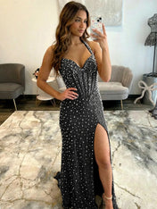 Glamorous Champagne Pearl Beaded Corset Prom Dress with Slit