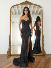 Navy Blue Strapless Sequin Prom Dress with Linear Beading