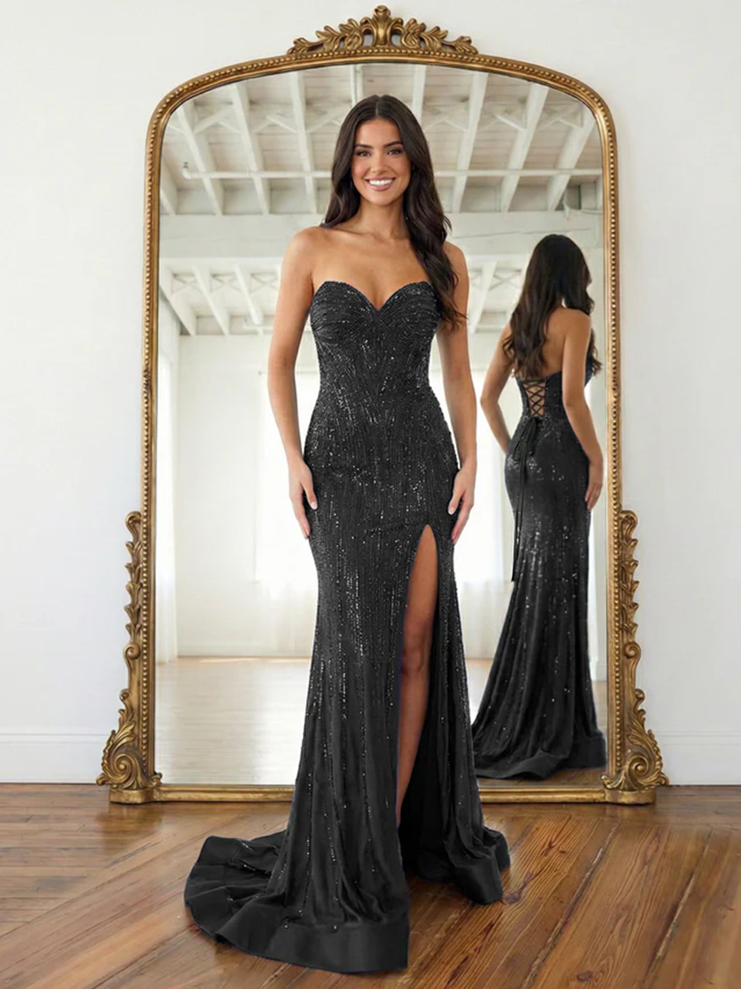 Navy Blue Strapless Sequin Prom Dress with Linear Beading