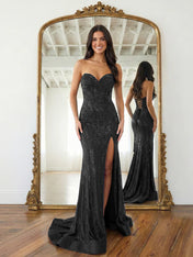 Navy Blue Strapless Sequin Prom Dress with Linear Beading