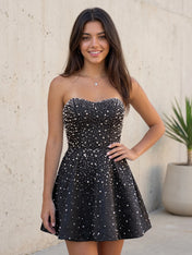 Baby Blue All Over Pearl Strapless Satin A-Line Mini Homecoming Dresses