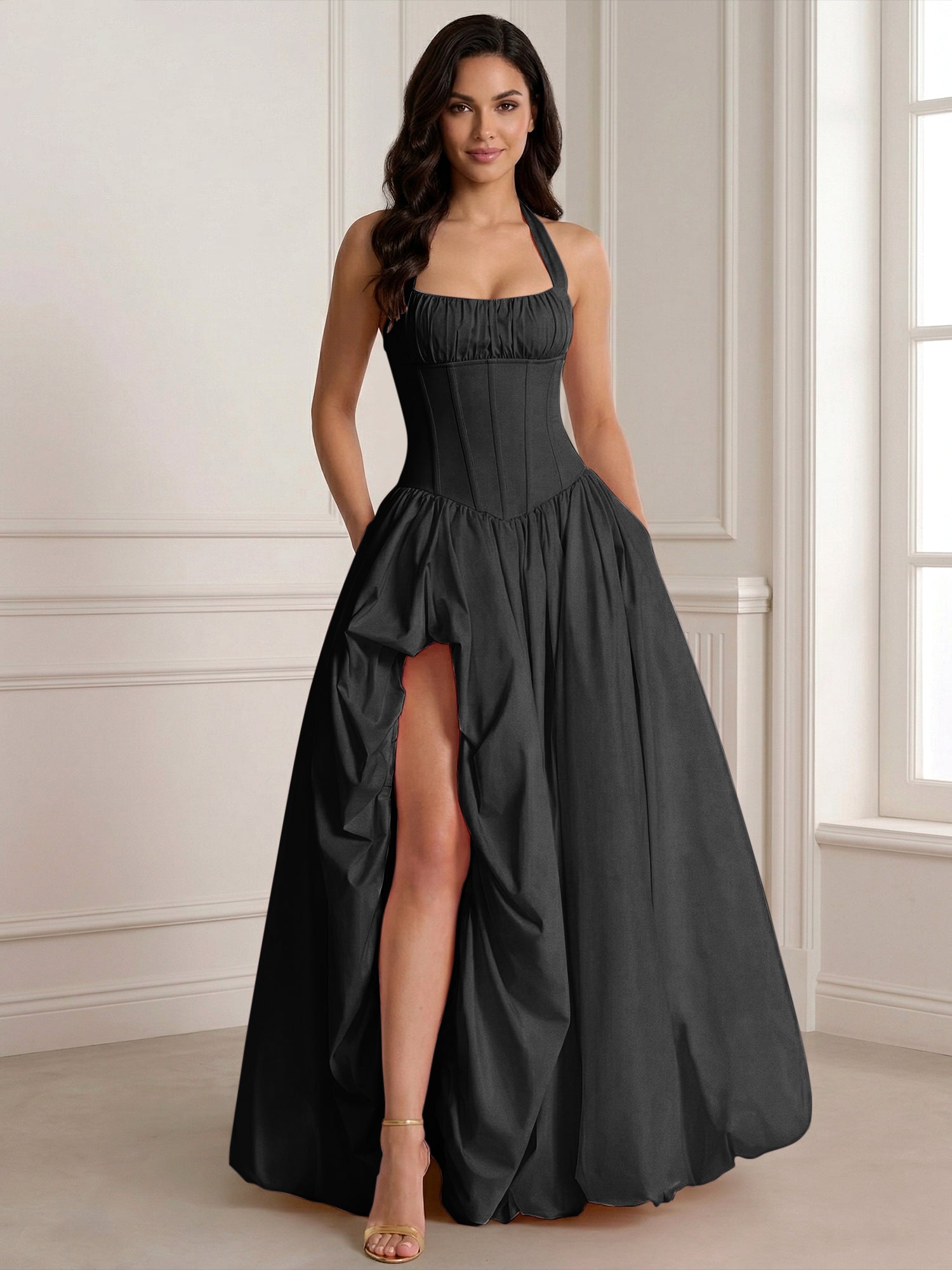 Glamorous Blush Pink Halter Corset Evening Paty Dress Gown