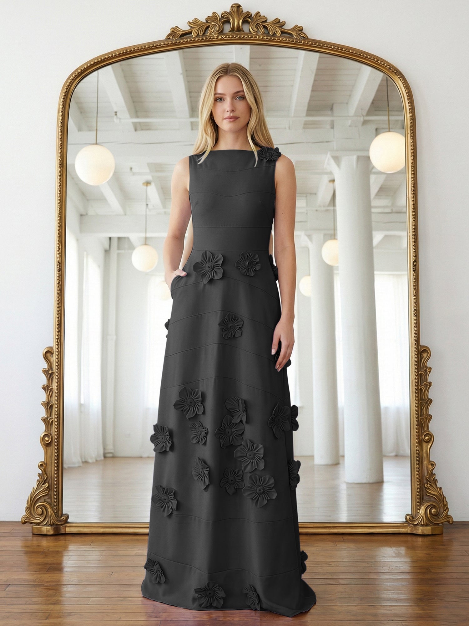 Lavender Boat Neck Formal Gown with Cascading 3D Flowers