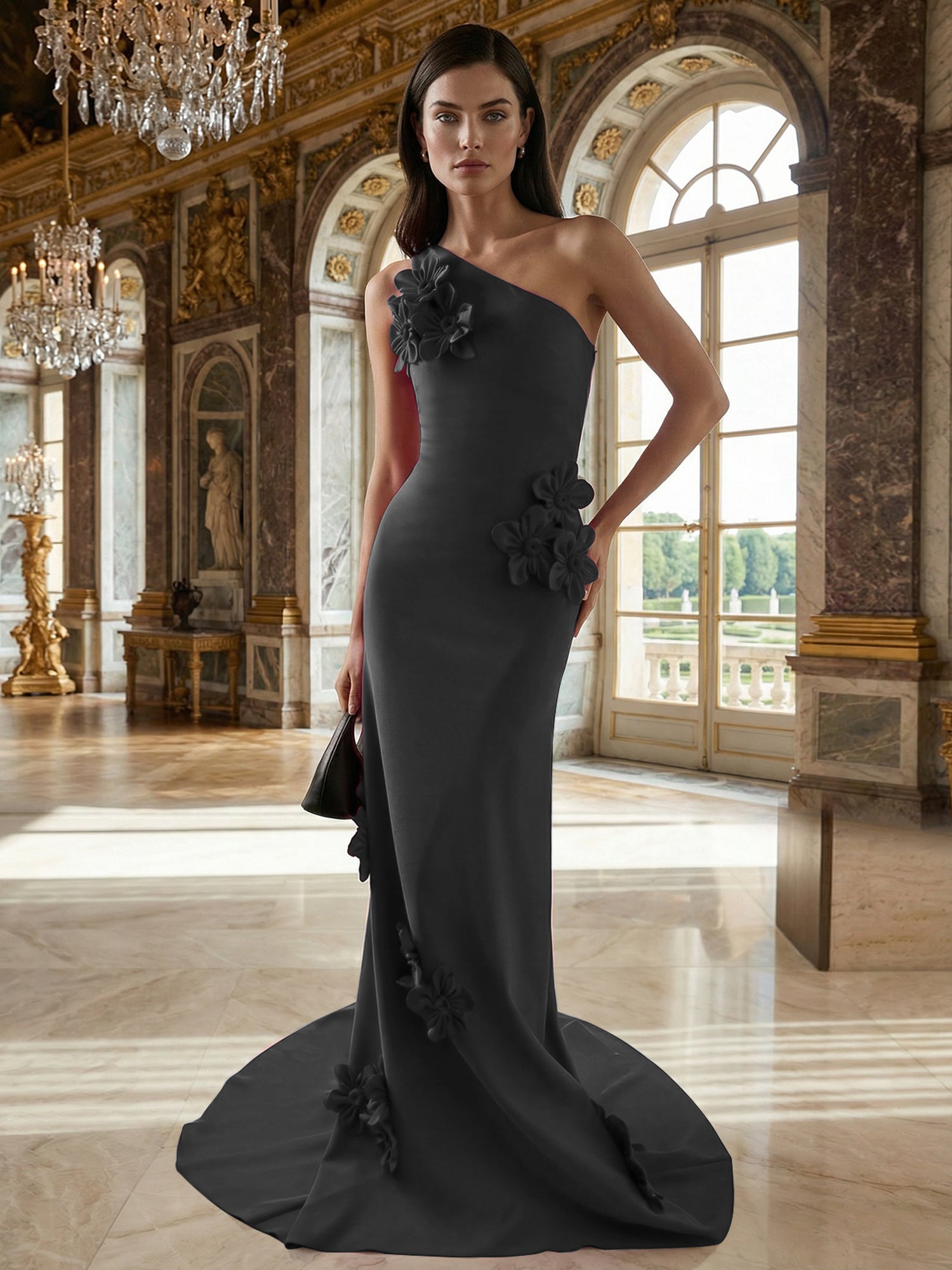 A Line One Shoulder Sleeveless Floor Length Stretch Crepe Dress With 3D Flowers