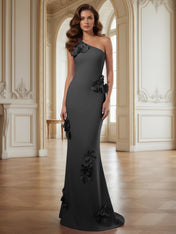 Cream One-Shoulder Prom Dress with Sculptural 3D Floral Appliqués