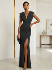 Commanding Formal Evening Dress Emerald Green Plunging V-Neck Slit Gown