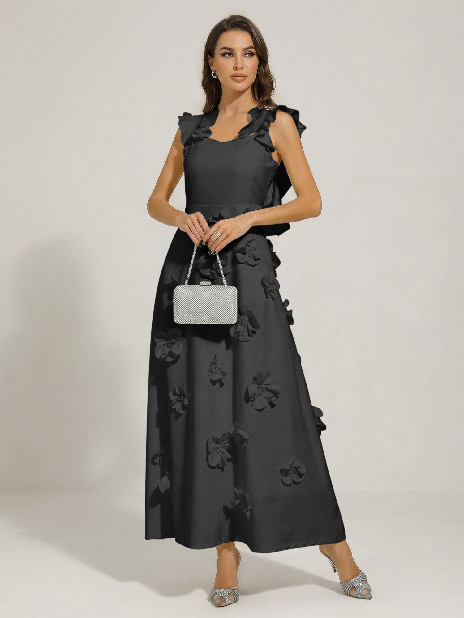 Chic White 3D Flowers A-Line Floor Length Stretch Crepe Dress with Pockets Maxi Dress