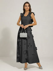 Chic White 3D Flowers A-Line Floor Length Stretch Crepe Dress with Pockets Maxi Dress