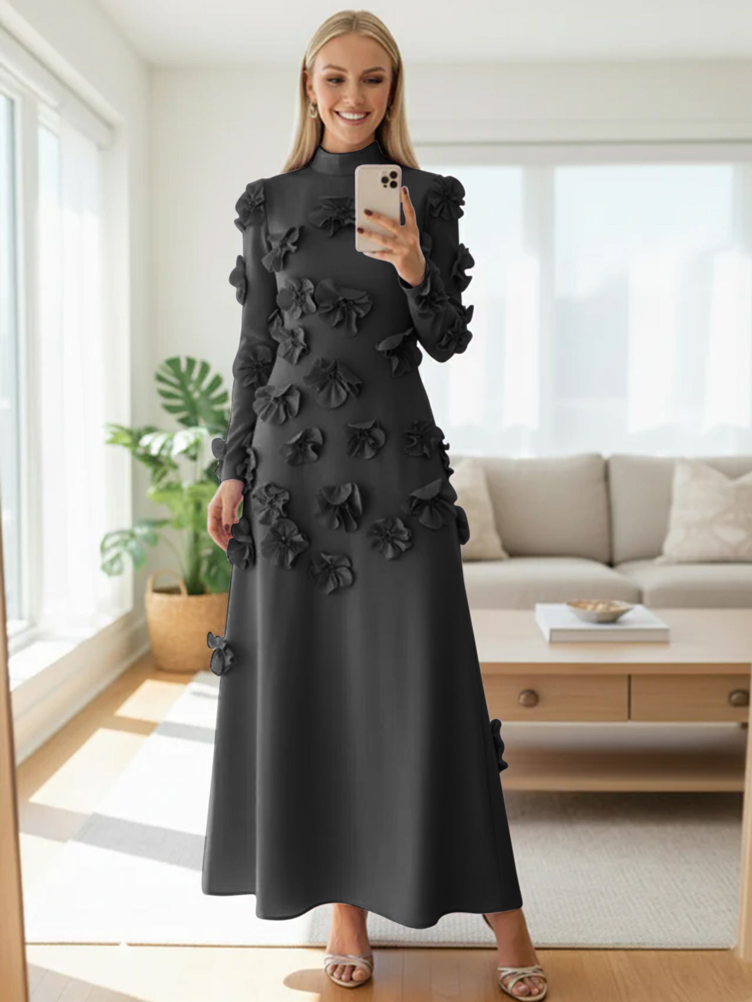 A Line High Neck Long Sleeves Floor Length Stretch Crepe Dress With 3D Flowers