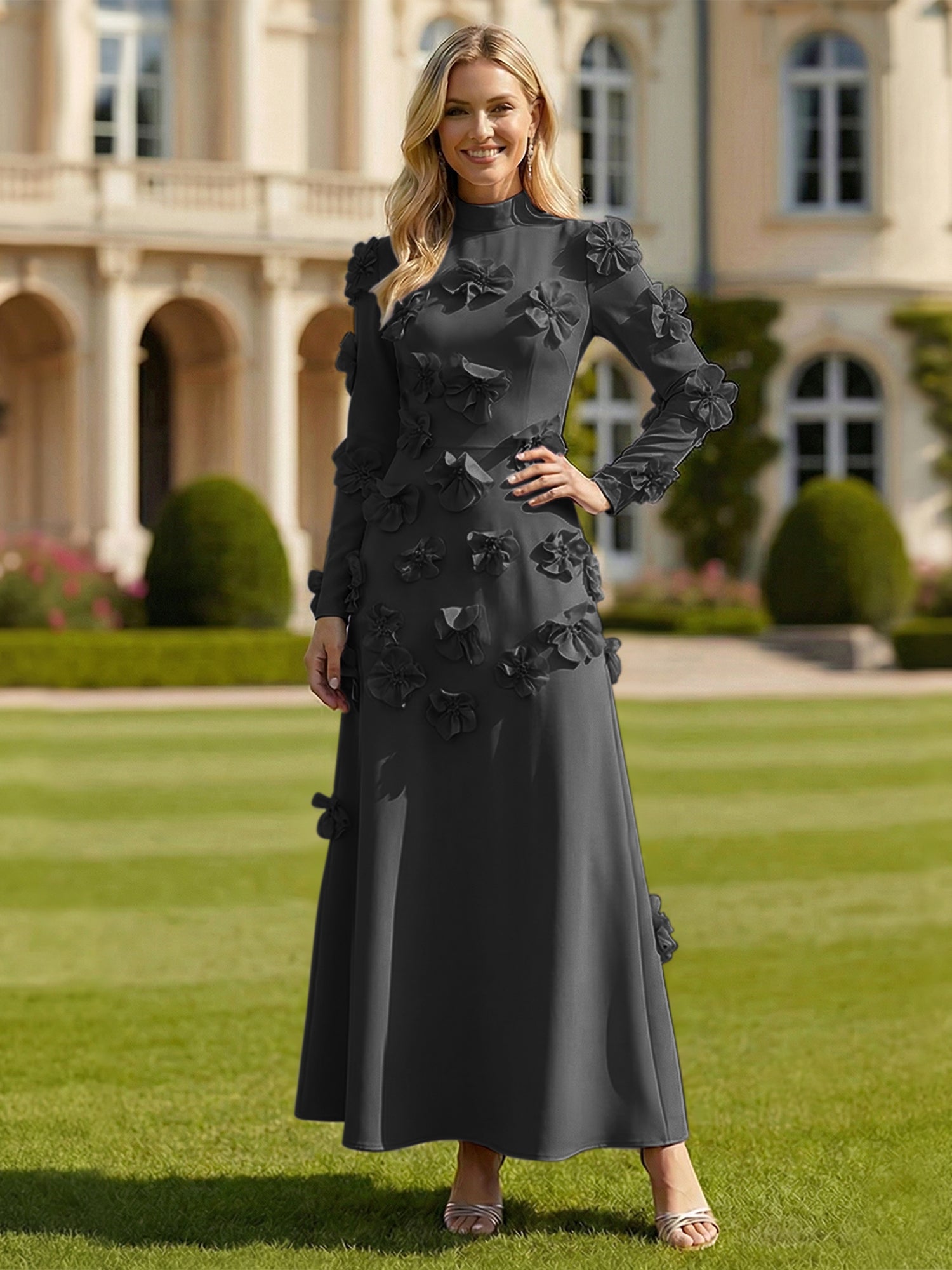 A Line High Neck Long Sleeves Stretch Crepe Dress With 3D Flowers