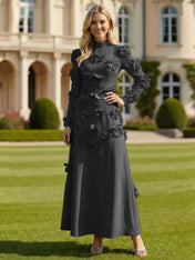 A Line High Neck Long Sleeves Stretch Crepe Dress With 3D Flowers