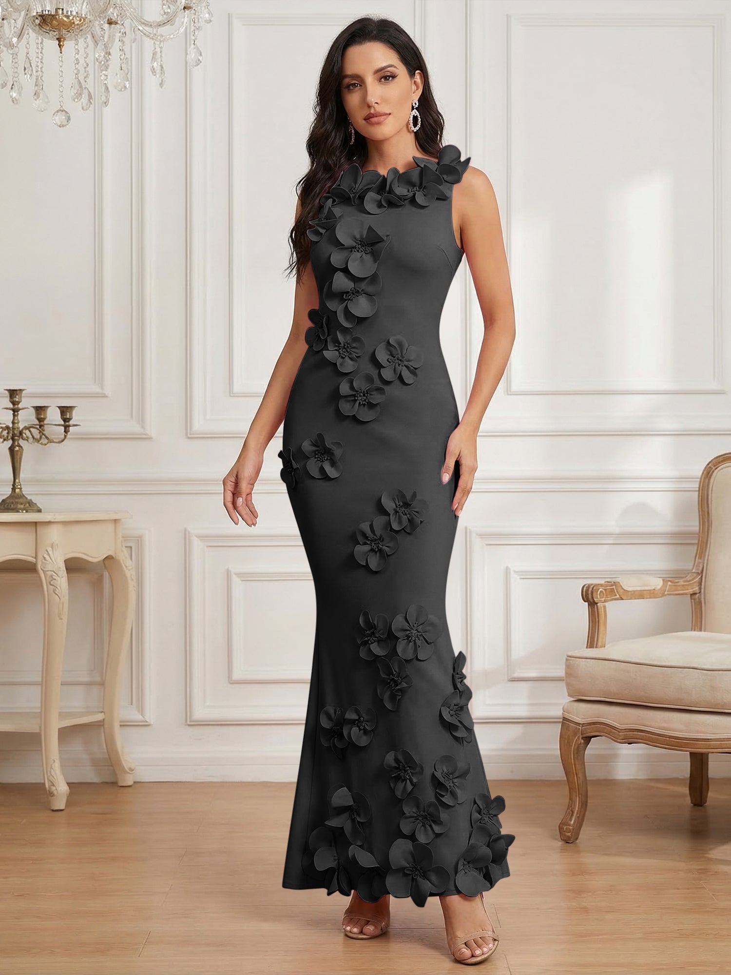 Romantic Pink Sleeveless 3D Floral Mermaid Gown