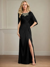 Sheath/Column Satin Scoop Neck Cap Sleeves Floor Length Mother Of The Bride Dresses
