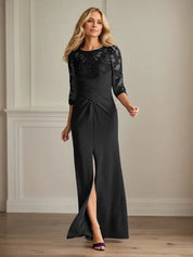 Robe fourreau en crêpe extensible prune pour mère de la mariée 