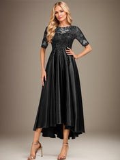 A-line Scoop Illusion Asymmetrical Stretch Satin Lace Mother of the Bride Dress With Sequins