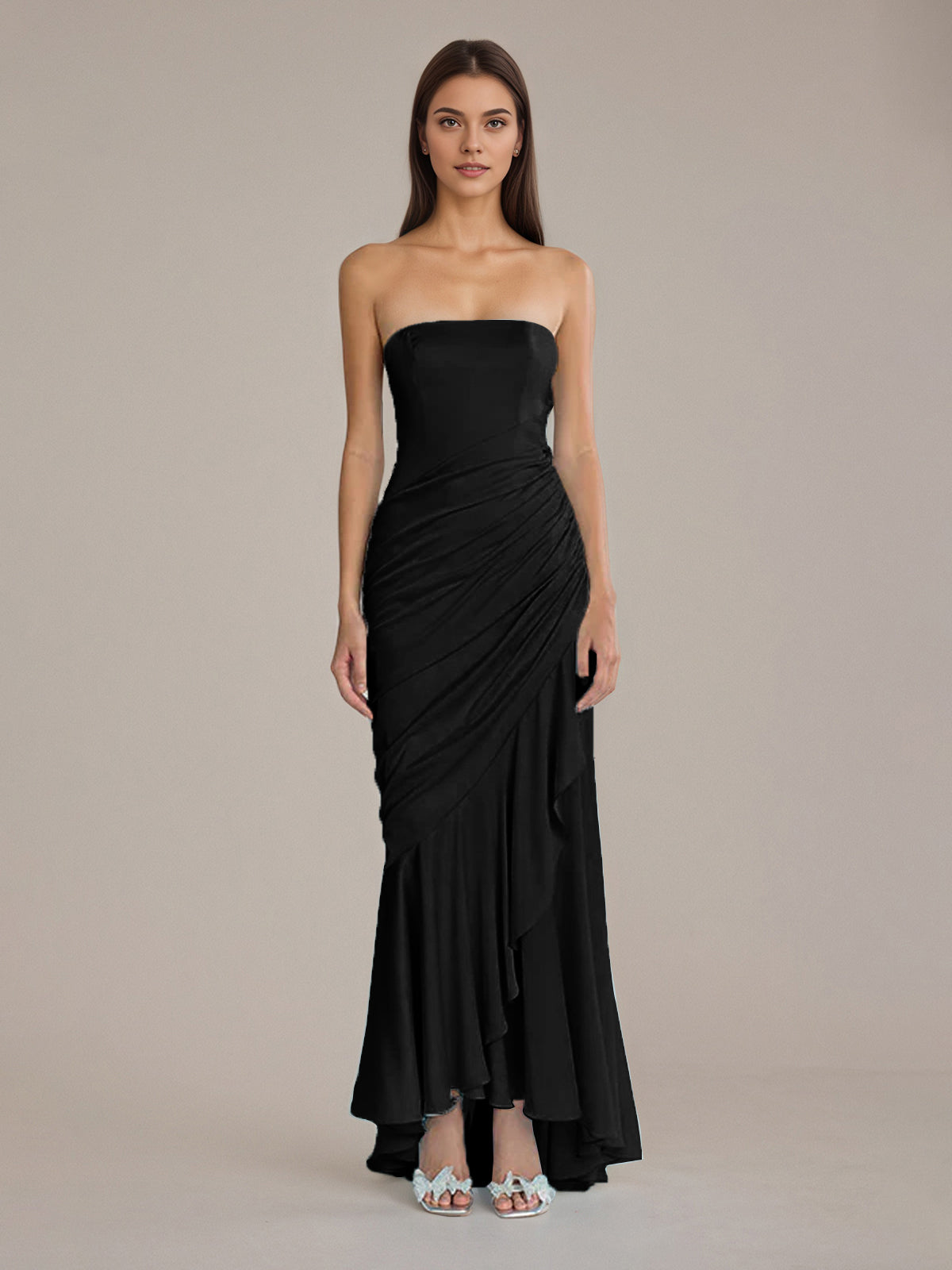 Column Satin Off The Shoulder Sleeveless Floor Length Dresses With Ruffles